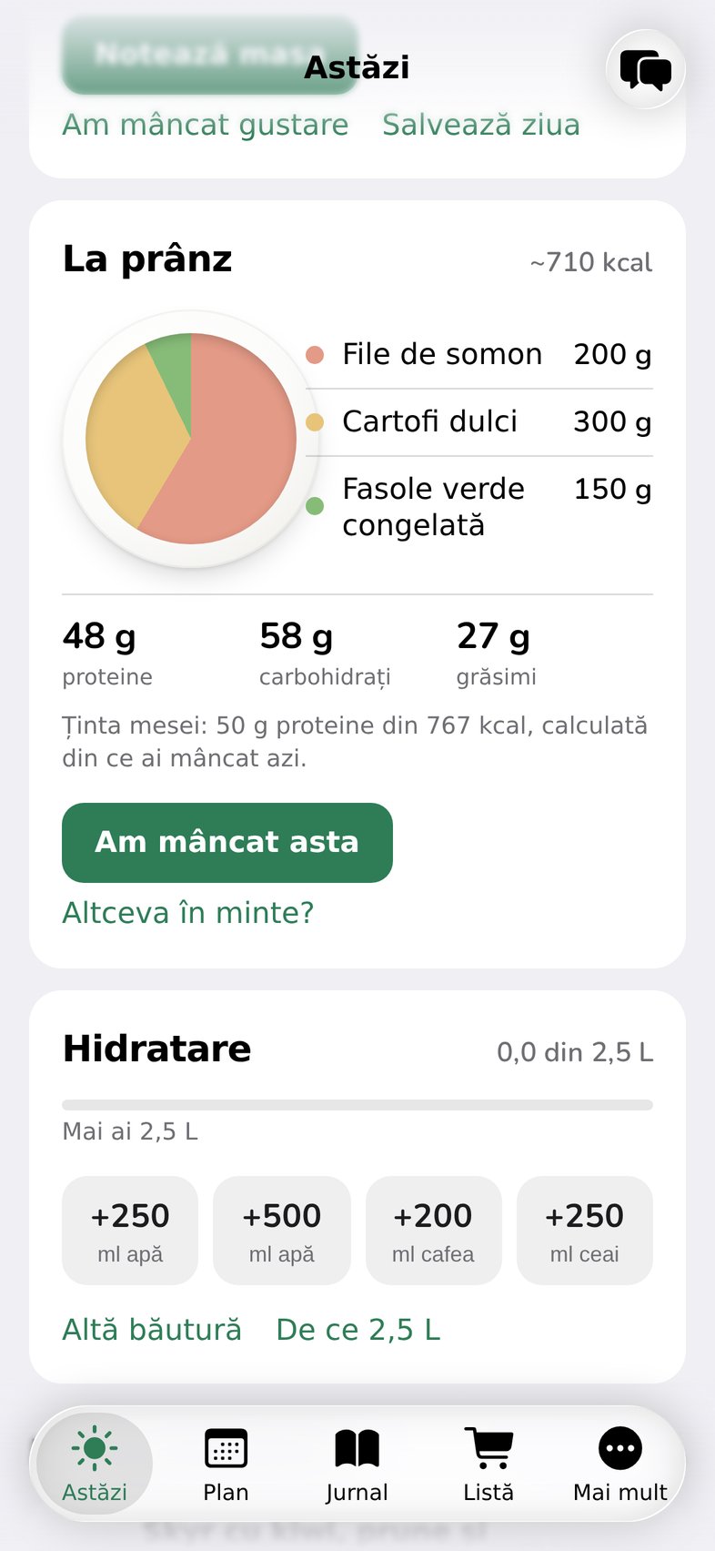 Recomandarea pentru prânz: somon, cartofi dulci și fasole verde, cu gramele.