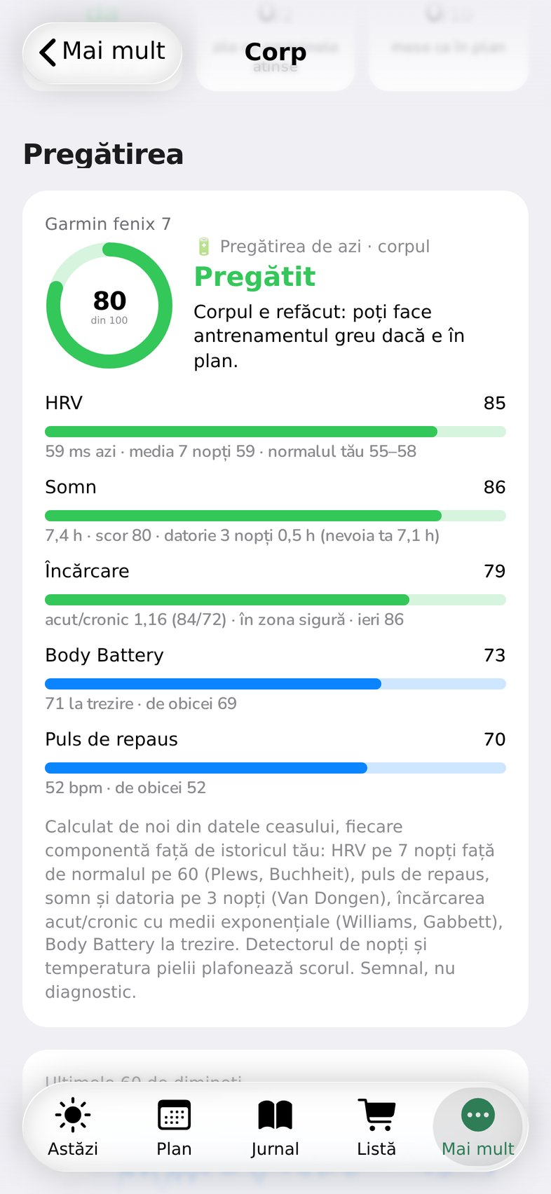 Today's readiness: 80 of 100, with HRV, sleep, load, Body Battery and heart rate.
